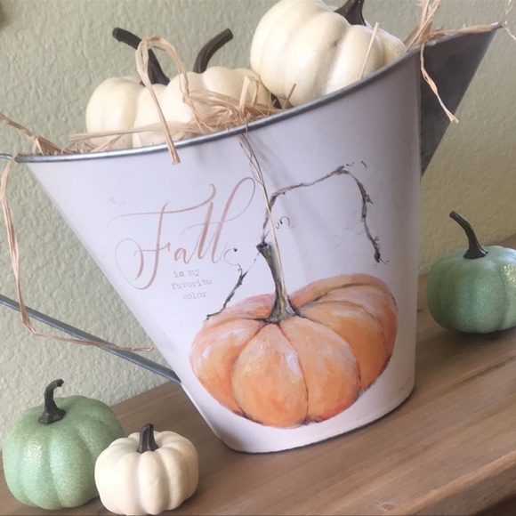 Fall Farmhouse Harvest large metal decorative pitcher with Cinderella pumpkin - Picture 1 of 16